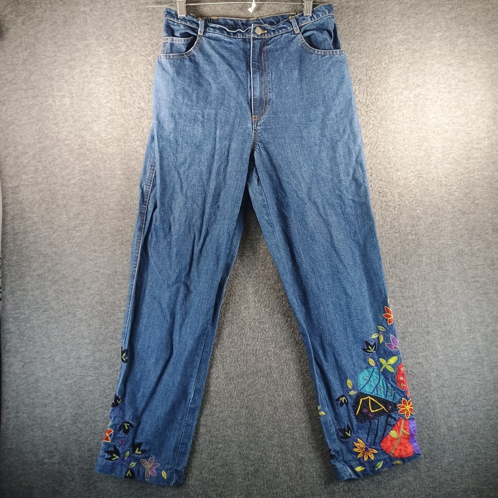 Chicos Design Womens 1 Floral Embroidering Bee Relaxed Fix Dark Wash Patchwork